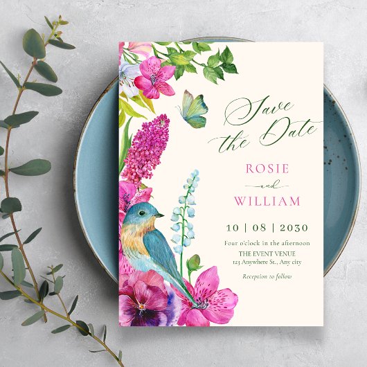 Bloemrijke vogel kunst bruiloft save the date