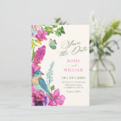 Bloemrijke vogel kunst bruiloft save the date (Staand voorkant)