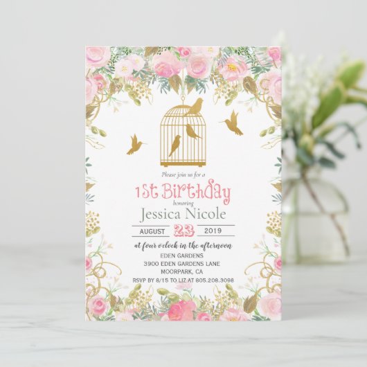 Bloemrijke Vogelkooi 1e Verjaardagsuitnodiging Kaart (Staand voorkant)