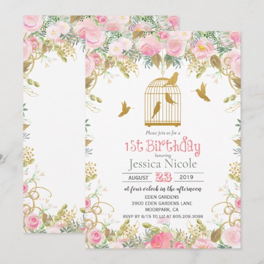 Bloemrijke Vogelkooi 1e Verjaardagsuitnodiging Kaart (Voorkant / Achterkant)