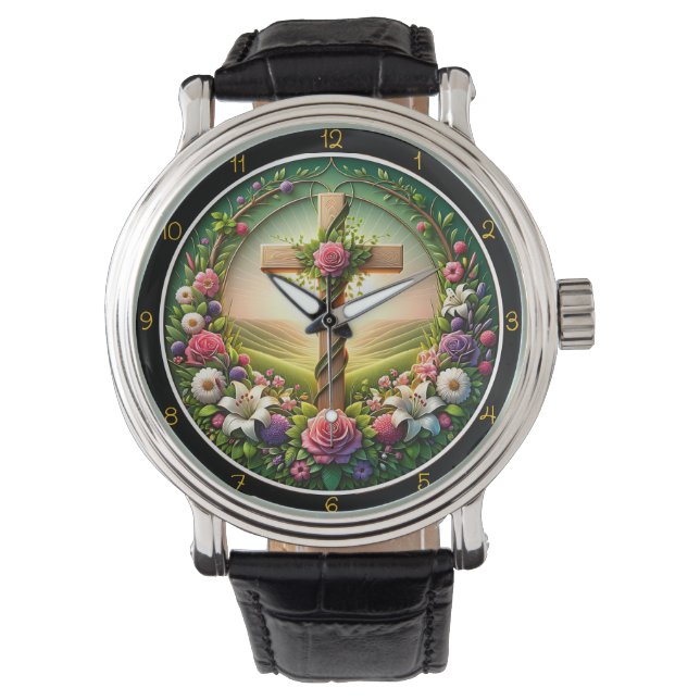 Bloemrijke Welkomst Kruis Tuinklok Horloge (Voorkant)