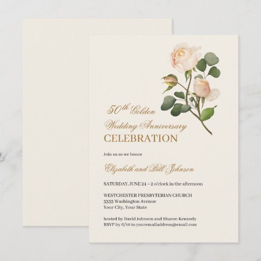 Bloemrijke Witte Roos Goud 50ste Huwelijk Jubileum Kaart (Voorkant / Achterkant)