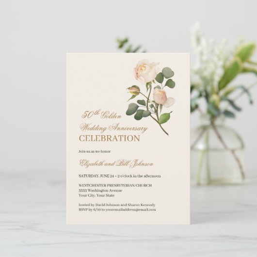 Bloemrijke Witte Roos Goud 50ste Huwelijk Jubileum Kaart (Staand voorkant)