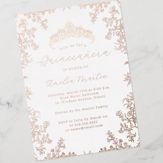 Bloemrijke Witte Roos Goud Quinceanera Folie Uitnodiging