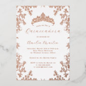 Bloemrijke Witte Roos Goud Quinceanera Folie Uitnodiging (Voorkant)