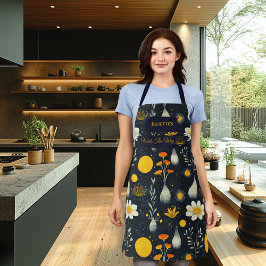 Bloemrijke Zen Keuken Wear - Donkerblauw met Goud Schort
