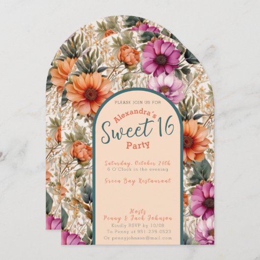 Bloemrijke zoete zestien uitnodiging (Voorkant / Achterkant)
