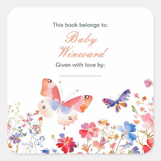Bloemrijke Zomer Vlinder Baby Shower Vierkante Sticker (Voorkant)