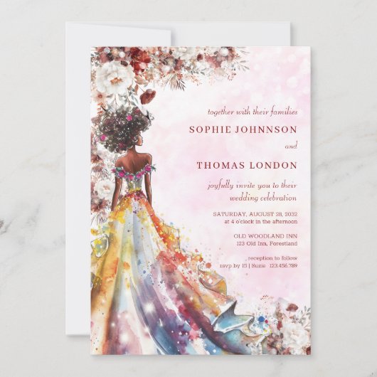 Bloemrijke zwarte bruid waterverf bruiloft kaart (Voorkant)