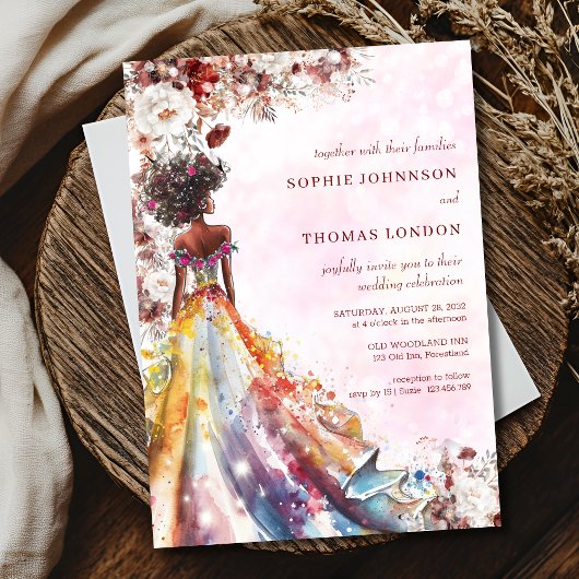 Bloemrijke zwarte bruid waterverf bruiloft kaart