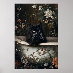 Bloemrijke Zwarte Kat Badkamer Print, Gotisch Poster