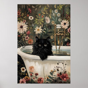 Bloemrijke zwarte kat badkamerprint, botanische bl poster