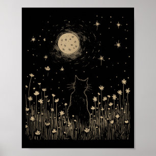 Bloemrijke Zwarte Kat Maan Halloween Cottagecore Poster
