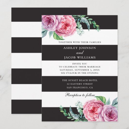 Bloemrijke zwarte witte strepen. Roze bloemen brui Kaart (Voorkant / Achterkant)