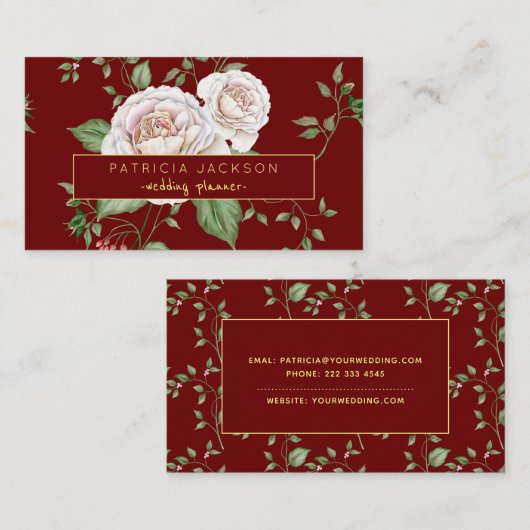Bloemrood Bourgogne Gold Script | weddingplanner Visitekaartje (Voorkant / Achterkant)