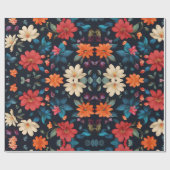 Bloemrood en blauw op zwart cadeaupapier (Vlak)