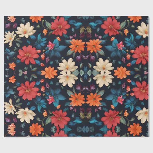 Bloemrood en blauw op zwart cadeaupapier (Vlak)