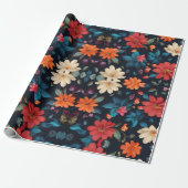 Bloemrood en blauw op zwart cadeaupapier (Uitgerold)