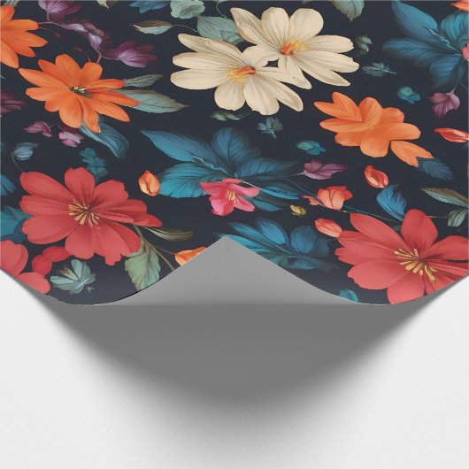 Bloemrood en blauw op zwart cadeaupapier (Hoek)