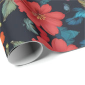 Bloemrood en blauw op zwart cadeaupapier (Rol Hoek)