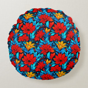 Bloemrood gele bloemen Patroon-13075 Rond Kussen