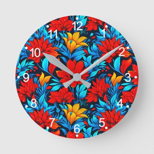 Bloemrood gele bloemen Patroon-13075 Ronde Klok (Voorkant)