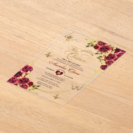 Bloemrood goud tiara vlinder mis quinceañera acryl uitnodigingen (Laagn)