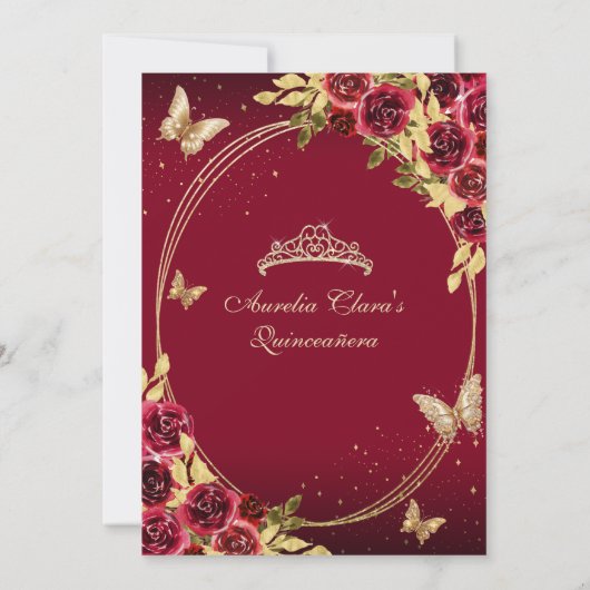 Bloemrood goud tiara vlinder mis quinceañera kaart (Achterkant)