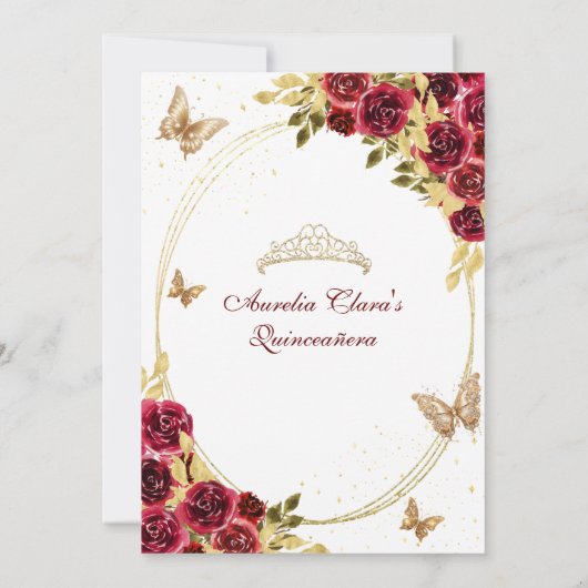 Bloemrood goud tiara vlinder mis quinceañera kaart (Achterkant)