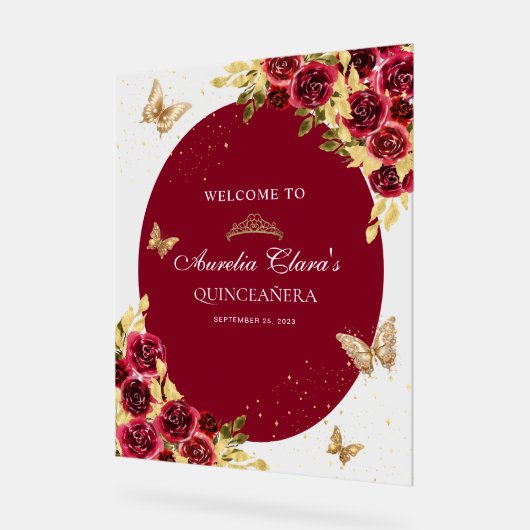 Bloemrood goud tiara vlinder quinceañera acryl bord (Hoek)