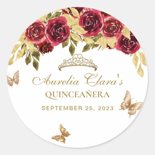 Bloemrood goud tiara vlinder quinceañera ronde sticker (Voorkant)