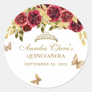 Bloemrood goud tiara vlinder quinceañera ronde sticker