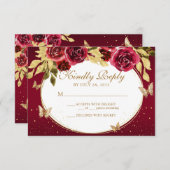 Bloemrood goud tiara vlinder quinceañera RSVP kaartje (Voorkant / Achterkant)