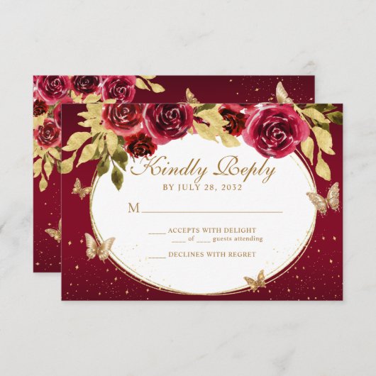 Bloemrood goud tiara vlinder quinceañera RSVP kaartje (Voorkant / Achterkant)