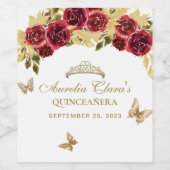 Bloemrood goud tiara vlinder quinceañera wijn etiket (Enkel label)
