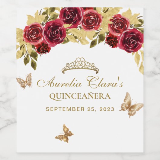 Bloemrood goud tiara vlinder quinceañera wijn etiket (Enkel label)