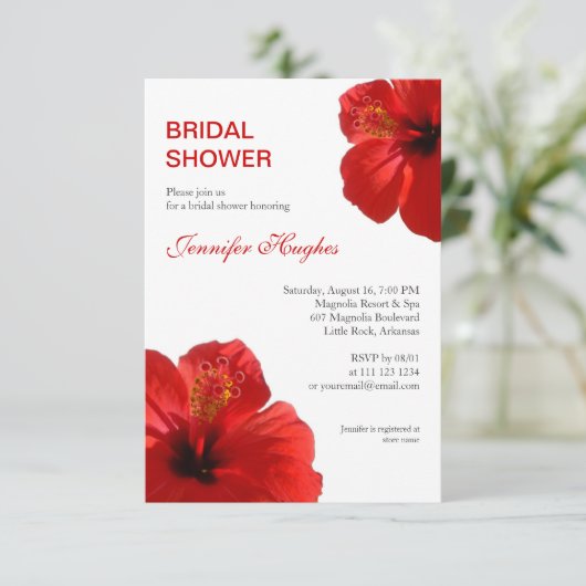 Bloemrood Hibiscus Tropisch Vrijgezellenfeest Kaart (Staand voorkant)