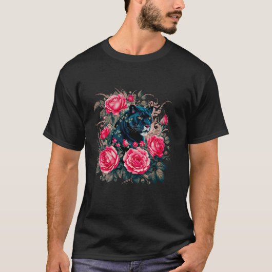 Bloemrood Rozen Panther Zwart Feline T-shirt (Voorkant)