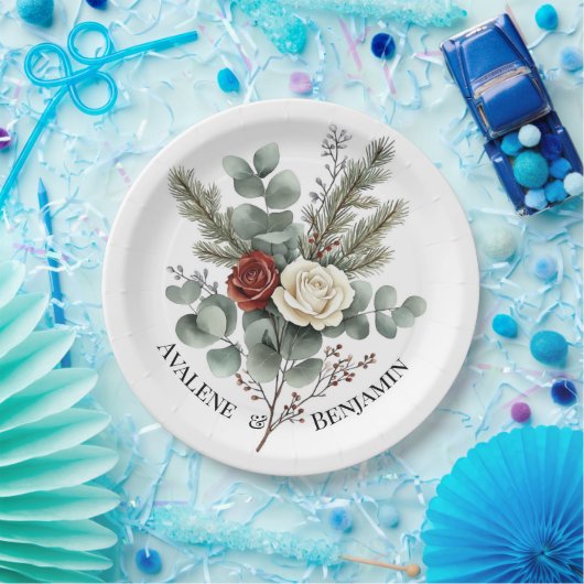 Bloemrood Wit Kerst Rozen bruiloft Papieren Bordje (Feest)