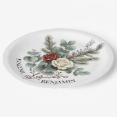 Bloemrood Wit Kerst Rozen bruiloft Papieren Bordje (Gekanteld)