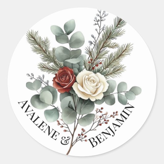 Bloemrood Wit Kerst Rozen bruiloft Ronde Sticker (Voorkant)