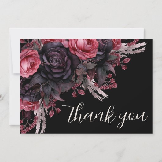 Bloemrood Zwart Gotische bruiloft Bedankkaart (Voorkant)