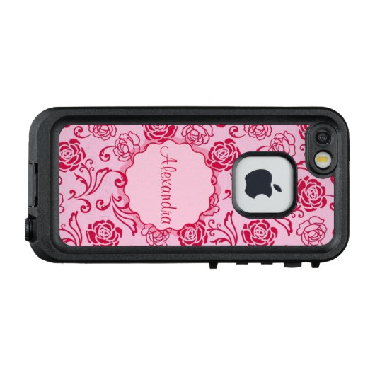 Bloemrooster patroon van thee rozen op roze naam LifeProof iPhone hoesje (Achterkant (horizontaal))