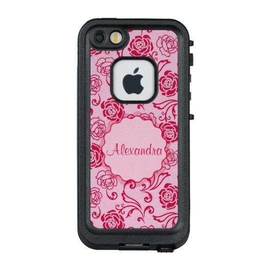 Bloemrooster patroon van thee rozen op roze naam LifeProof iPhone hoesje (Achterkant)