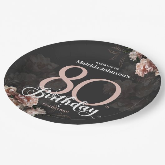 Bloemroze 80ste verjaardag papieren bordje (Gekanteld)