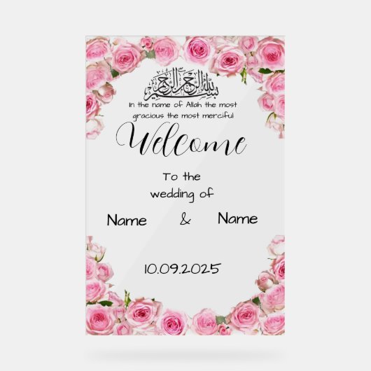 Bloemroze acryl bruiloft teken bord (Voorkant)