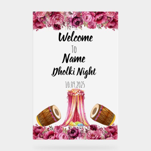 Bloemroze acryl Dholki nachtteken Acryl Bord (Voorkant)