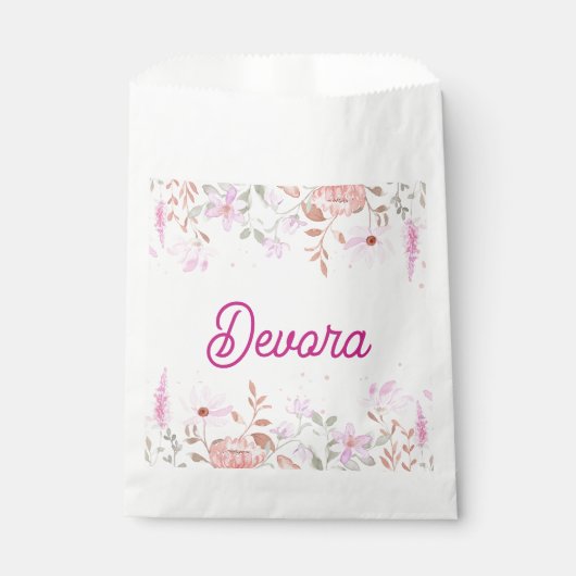 Bloemroze bas mitzva servet met naam bedankzakje (Voorkant)
