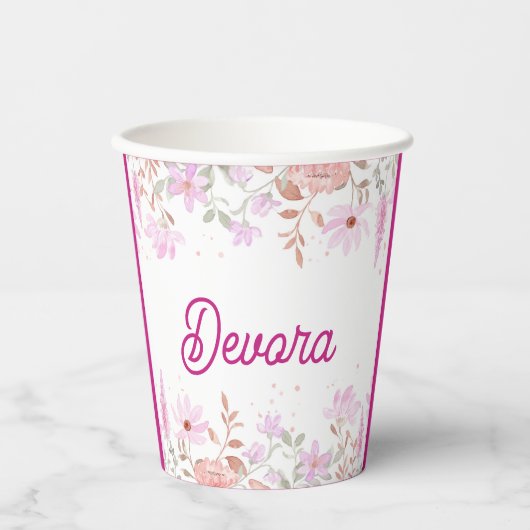 Bloemroze bas mitzva servet met naam papieren bekers (Voorkant)