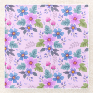 Bloemroze Blauw Violette Bloemen Patroon-36841 Glazen Onderzetter